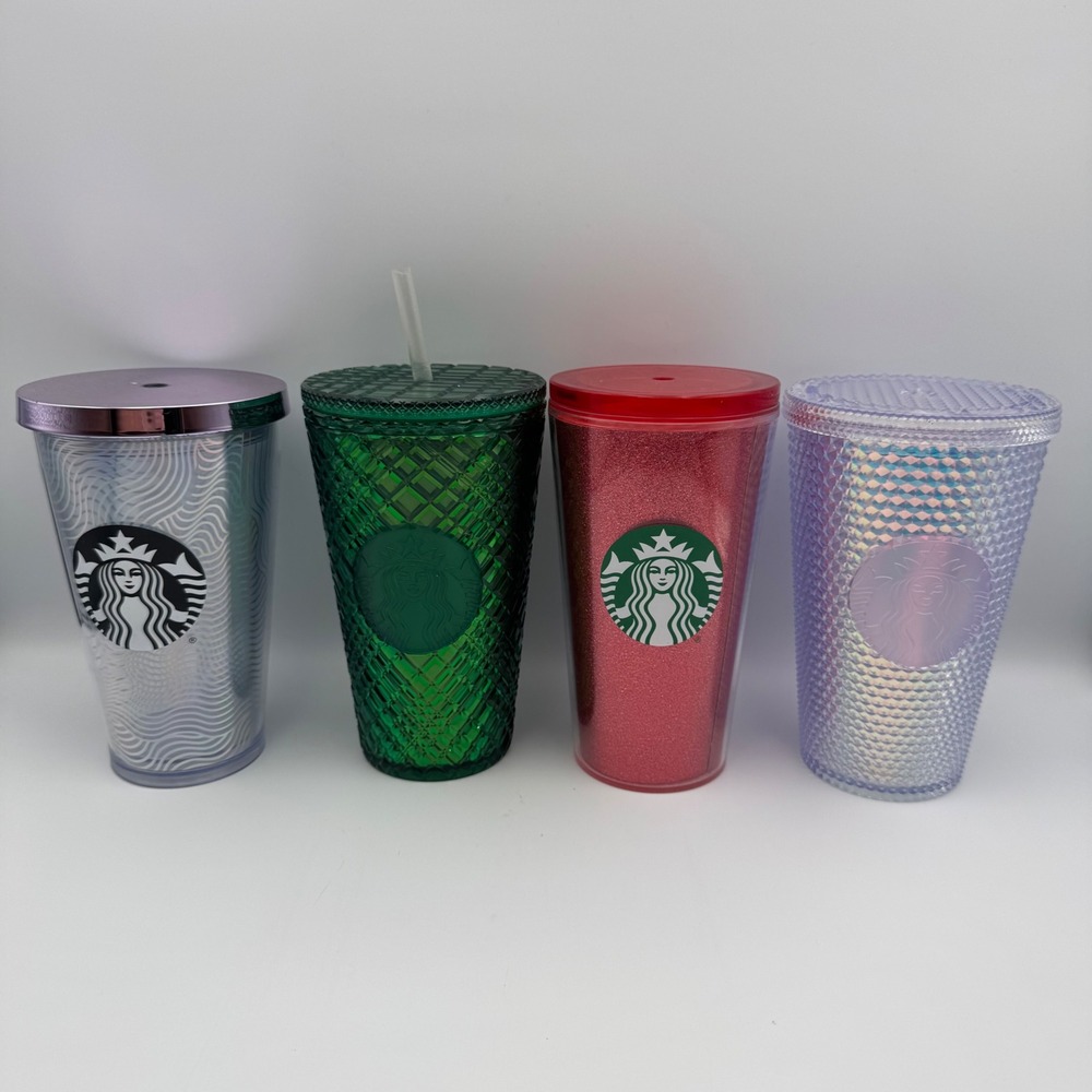 Starbucks Cold Cup Tumbler Lot 4 Green Jewel Red Glitter Studded Silver 16oz